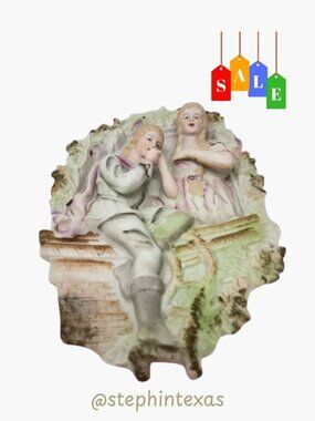 Antique Bisque Porcelain Victorian Couple 3D Relief Wall Plaque Romantic